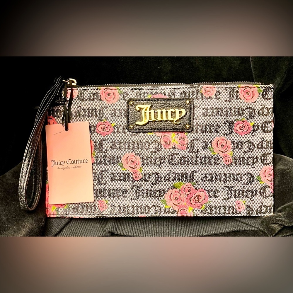 NWT Juicy Couture Pink Bloom Black Furget Me Not Wristlet Clutch Signature Logo